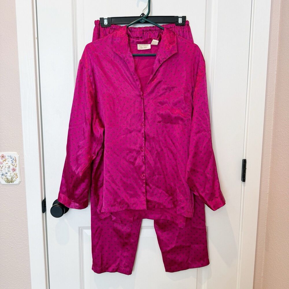 Vintage Victoria Secret 90s Pink Satin Pajamas Medium Gold Label Lightweight